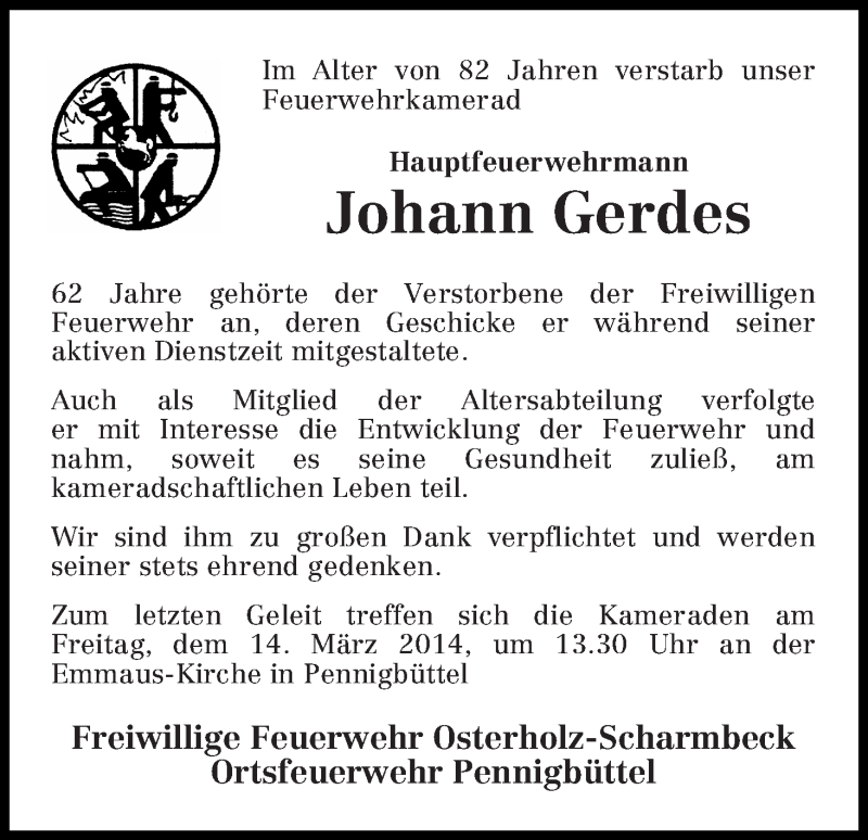 Traueranzeige von Johann Gerdes von Osterholzer Kreisblatt