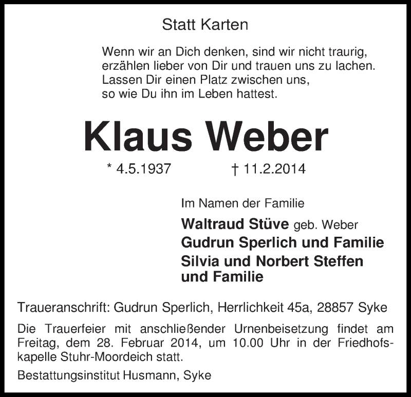 Traueranzeige von Klaus Weber von WESER-KURIER