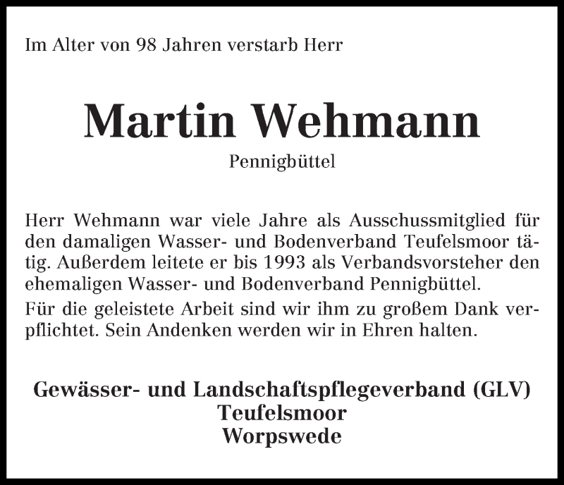  Traueranzeige für Martin Wehmann vom 26.02.2014 aus Osterholzer Kreisblatt