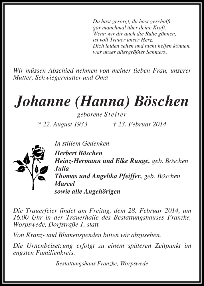 Traueranzeige von Johanne Hanna Böschen von Wuemme Zeitung