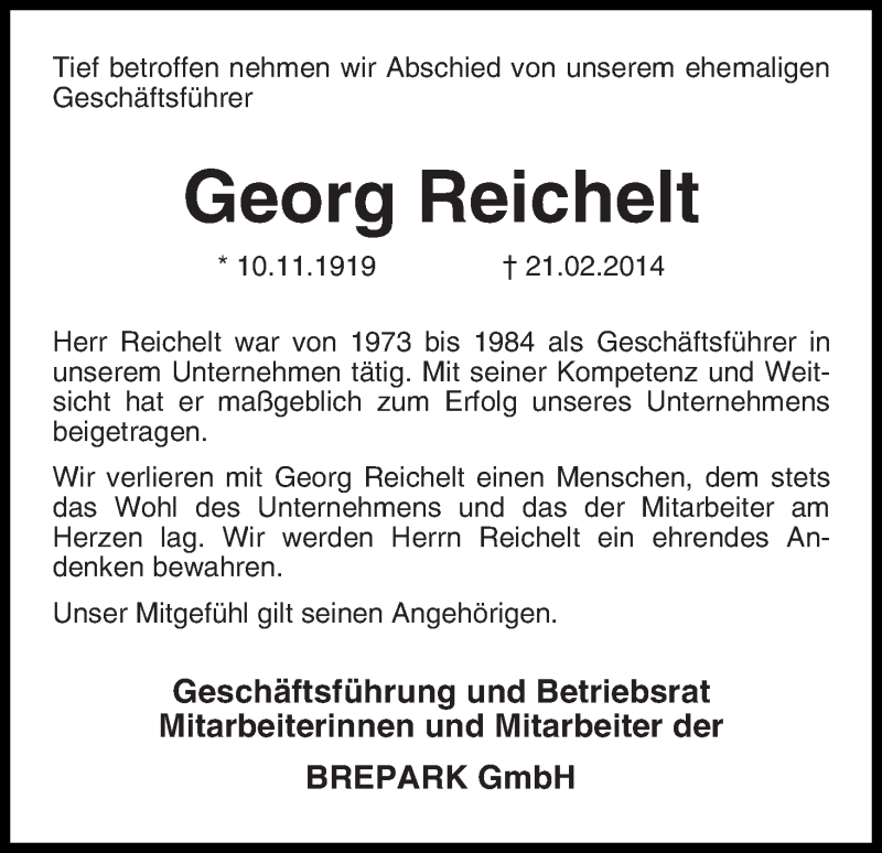  Traueranzeige für Georg Reichelt vom 26.02.2014 aus WESER-KURIER