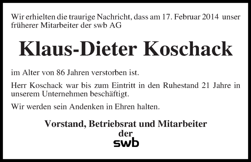 Traueranzeige von Klaus-Dieter Koschack von WESER-KURIER