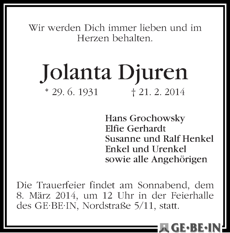 Traueranzeige von Jolanta Djuren von WESER-KURIER