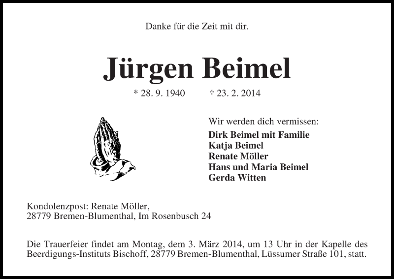 Traueranzeige von Jürgen Beimel von Die Norddeutsche