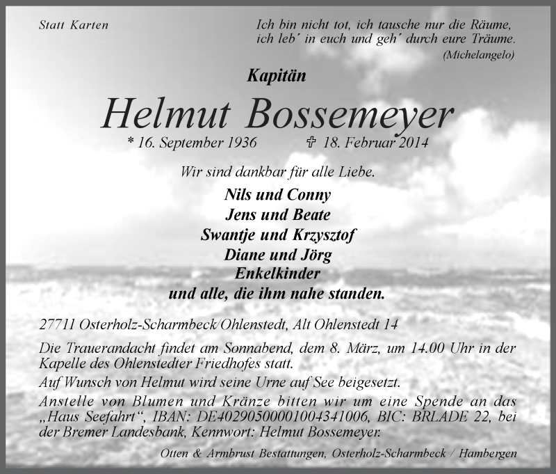 Traueranzeige von Helmut Bossemeyer von Osterholzer Kreisblatt