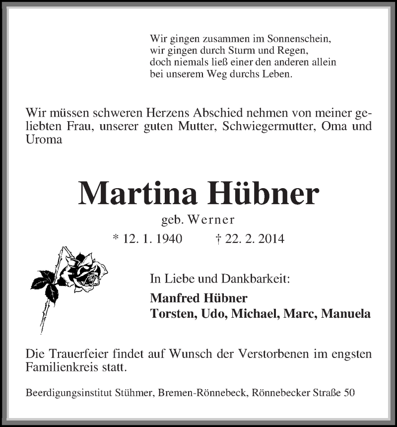  Traueranzeige für Martina Hübner vom 27.02.2014 aus Die Norddeutsche