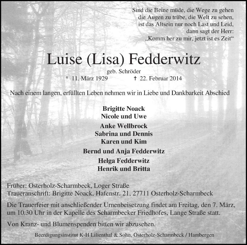 Traueranzeige von Luise Fedderwitz von Osterholzer Kreisblatt