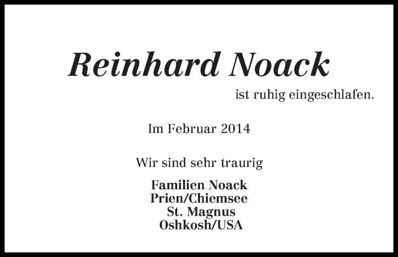 Traueranzeige von Reinhard Noack von Die Norddeutsche