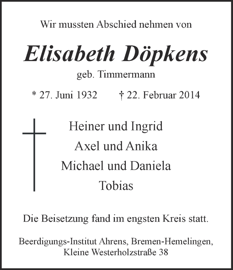 Traueranzeige von Elisabeth Döpkens von WESER-KURIER