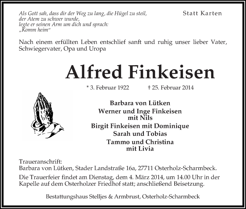 Traueranzeige von Alfred Finkeisen von Osterholzer Kreisblatt
