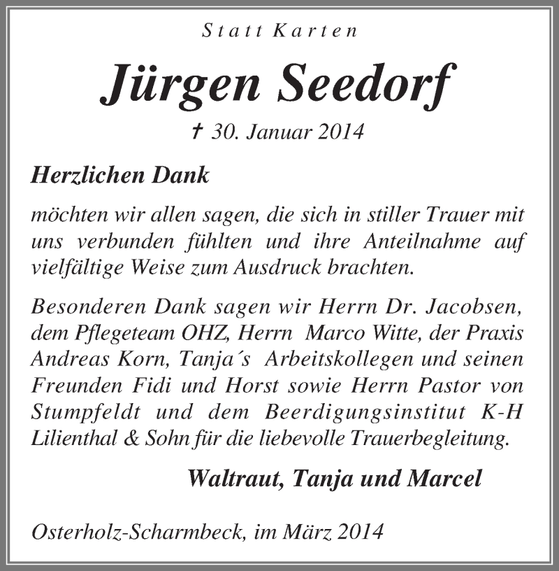  Traueranzeige für Jürgen Seedorf vom 01.03.2014 aus Osterholzer Kreisblatt