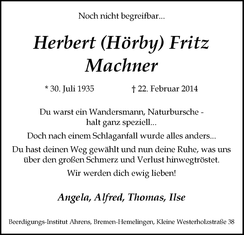 Traueranzeige von Herbert Fritz Machner von WESER-KURIER