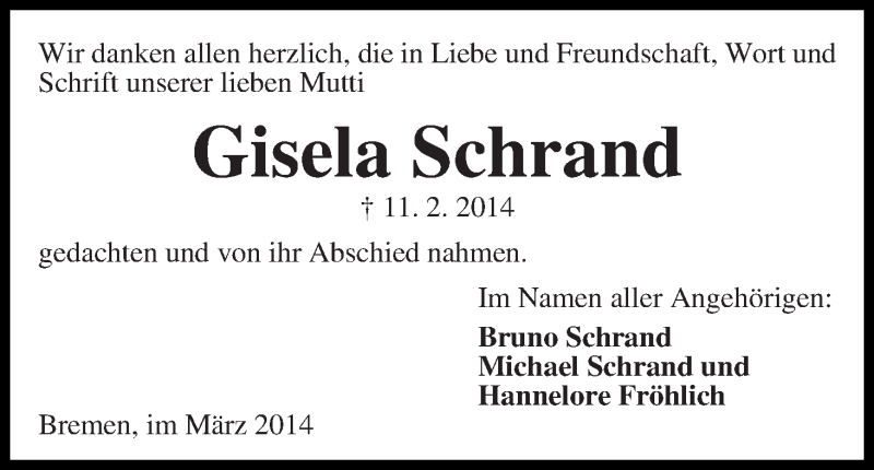 Traueranzeige von Gisela Schrand von WESER-KURIER