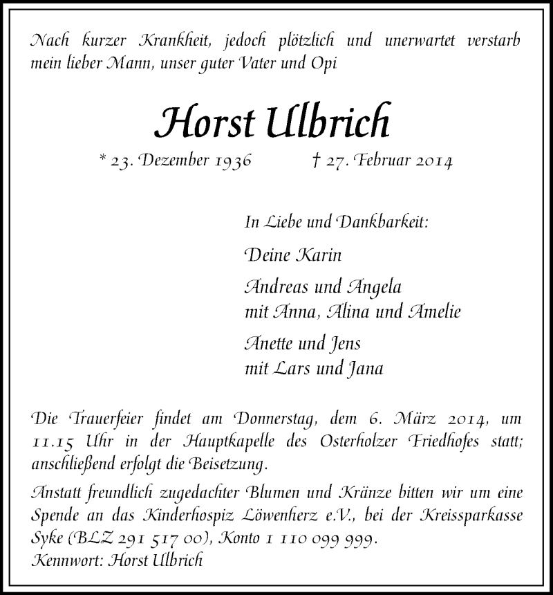 Traueranzeige von Horst Ulbrich von WESER-KURIER