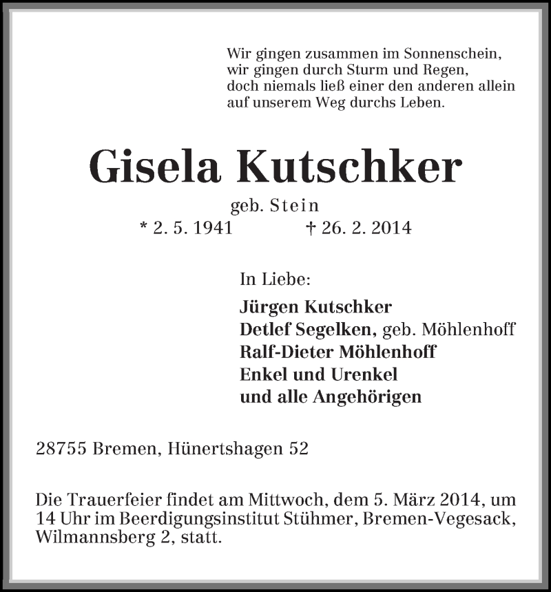 Traueranzeige von Gisela Kutschker von Die Norddeutsche