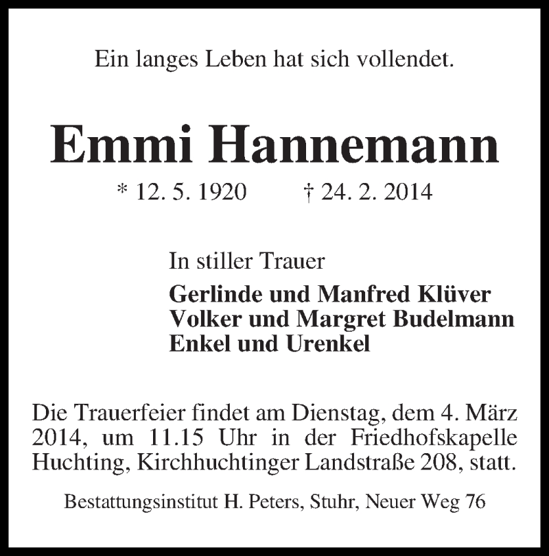Traueranzeige von Emmi Hannemann von WESER-KURIER