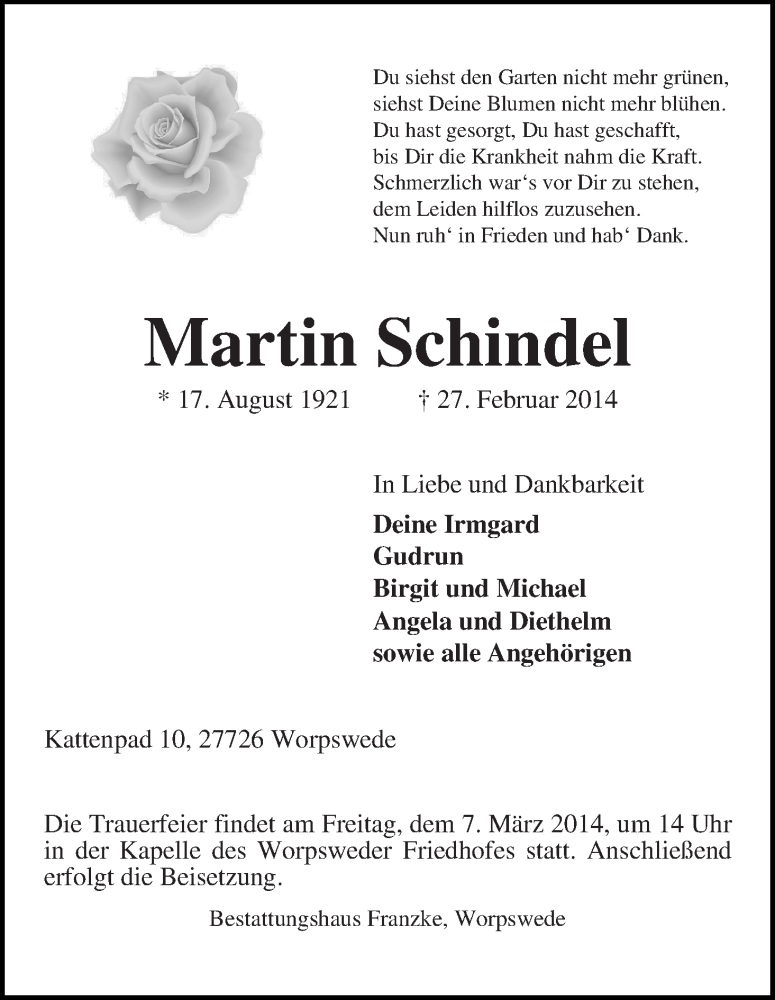 Traueranzeige von Martin Schindel von Wuemme Zeitung