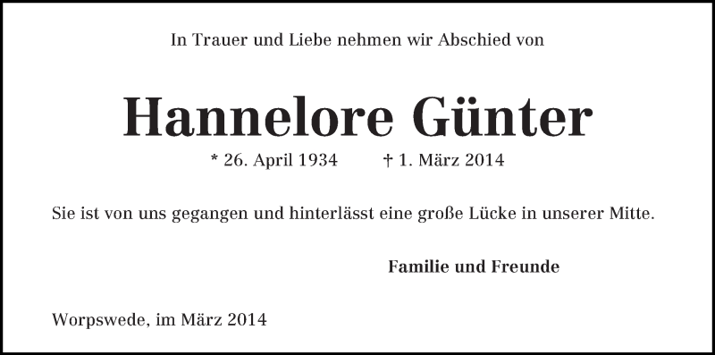 Traueranzeige von Hannelore Günter von WESER-KURIER
