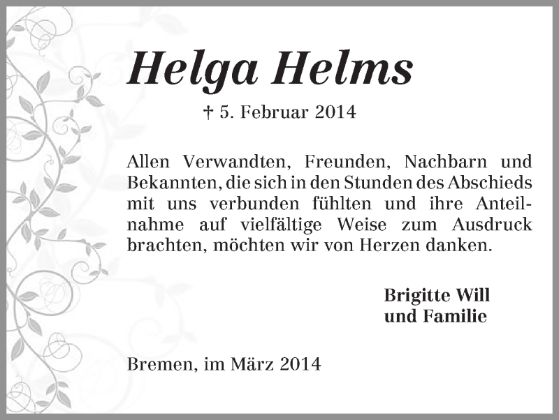 Traueranzeige von Helga Helms von WESER-KURIER