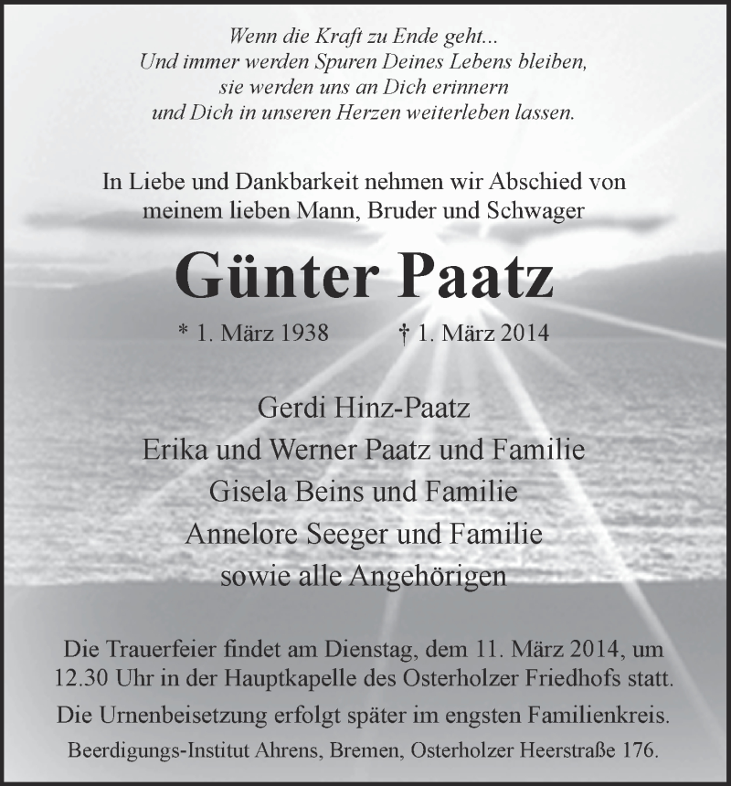 Traueranzeige von Günter Paatz von WESER-KURIER