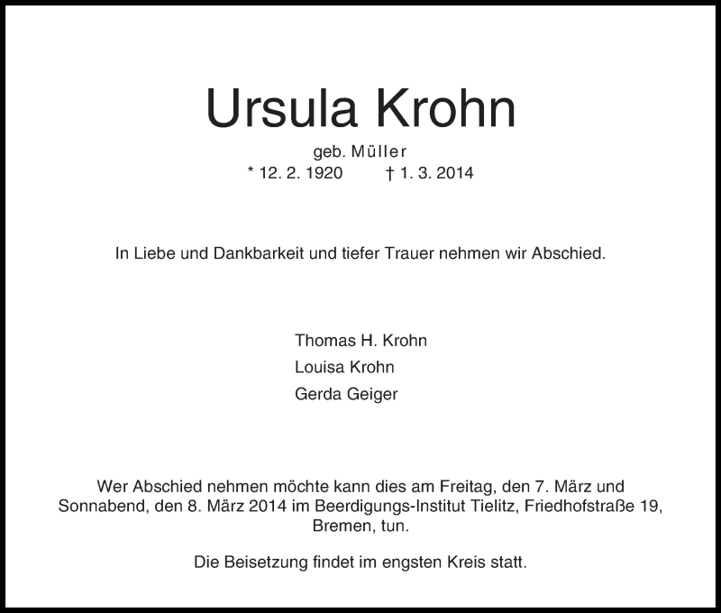Traueranzeige von Ursula Krohn von WESER-KURIER