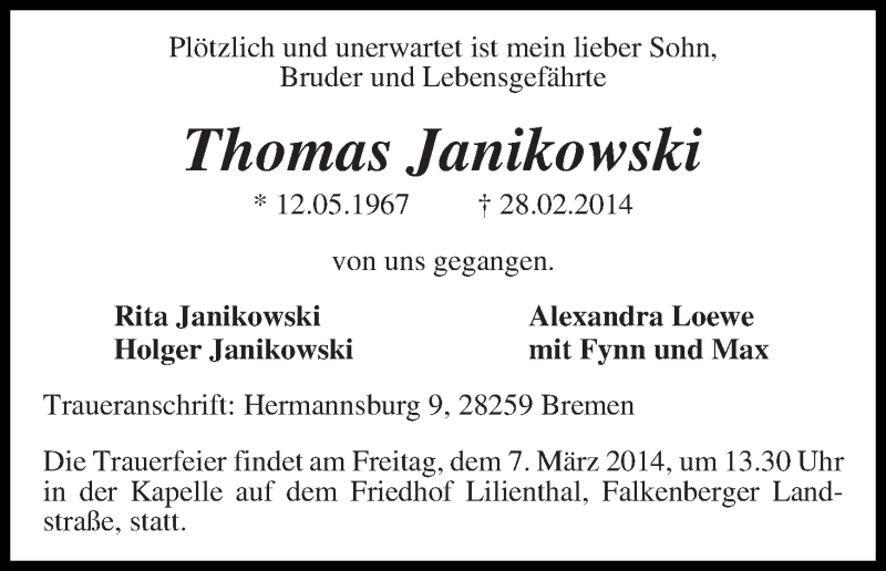 Traueranzeige von Thomas Janikowski von WESER-KURIER