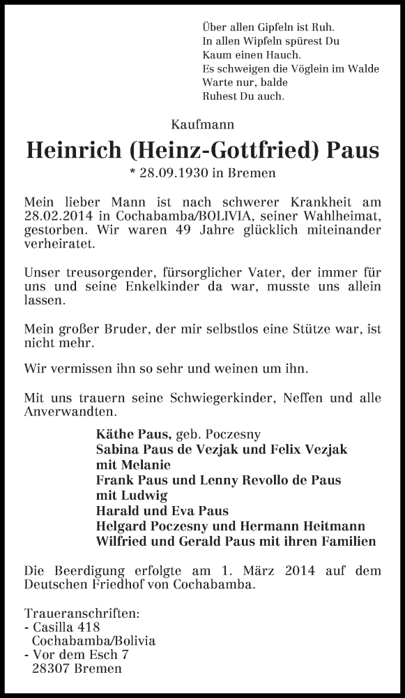 Traueranzeige von Heinrich Paus von WESER-KURIER