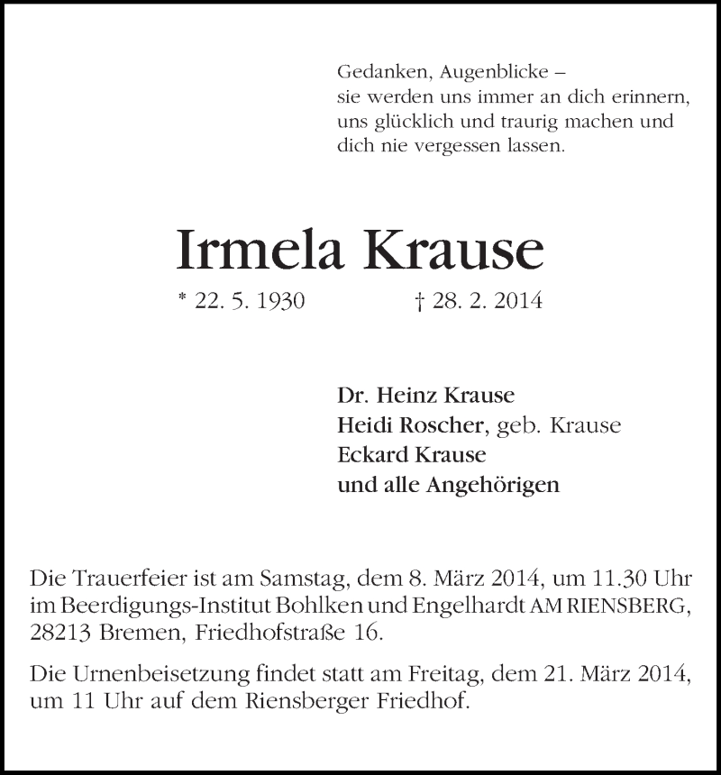 Traueranzeige von Irmela Krause von WESER-KURIER