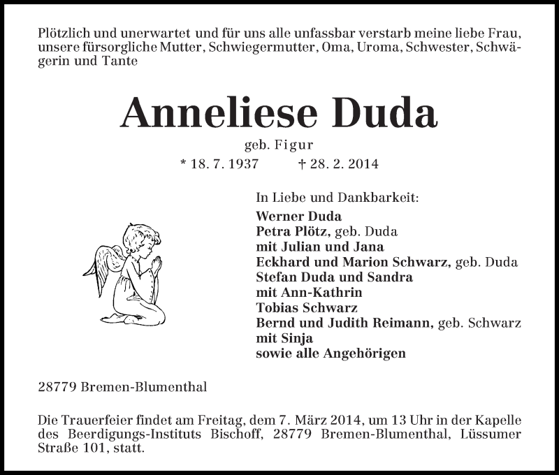 Traueranzeige von Anneliese Duda von Die Norddeutsche