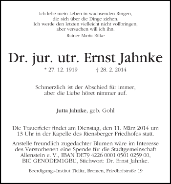 Traueranzeige von Ernst Jahnke