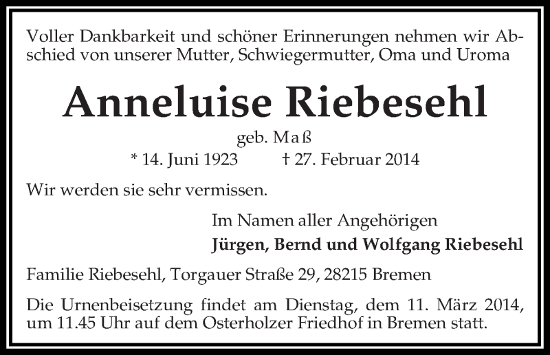 Traueranzeige von Anneluise Riebesehl von WESER-KURIER