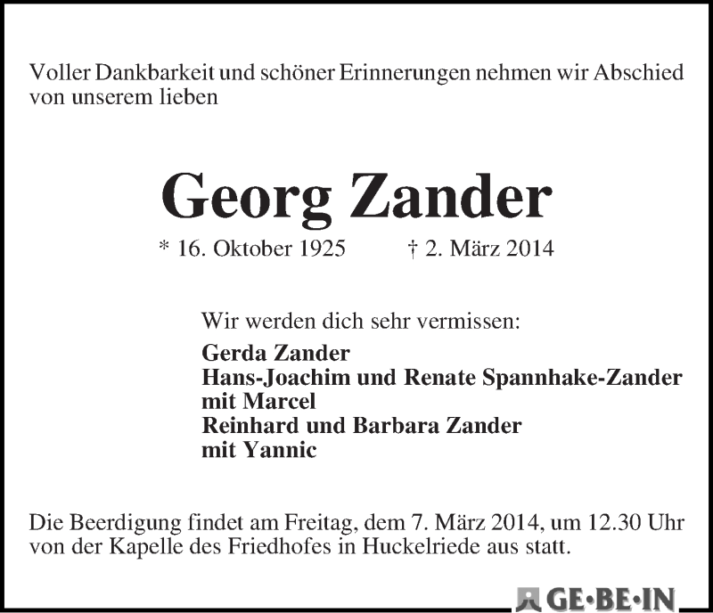 Traueranzeige von Georg Zander von WESER-KURIER