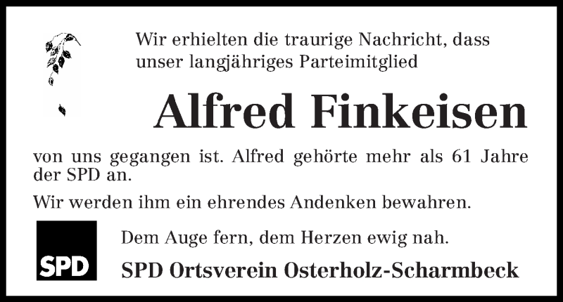 Traueranzeige von Alfred Finkeisen von Osterholzer Kreisblatt