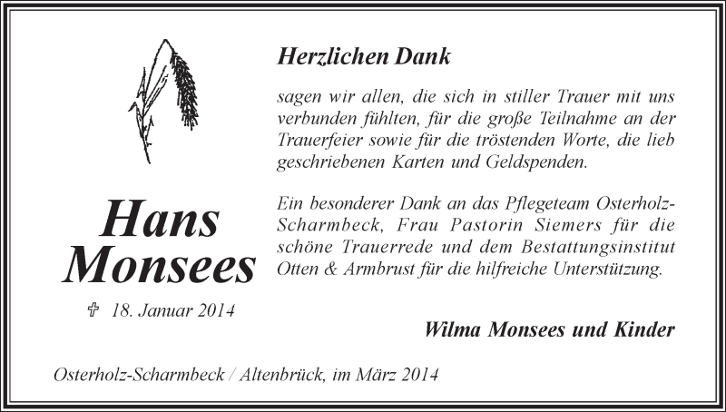 Traueranzeige von Hans Monsees von Osterholzer Kreisblatt
