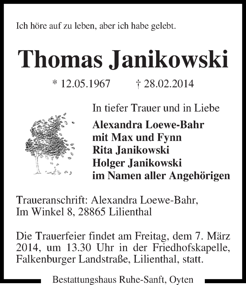 Traueranzeige von Thomas Janikowski von Wuemme Zeitung