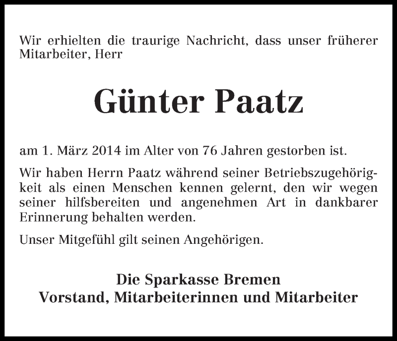 Traueranzeige von Günter Paatz von WESER-KURIER