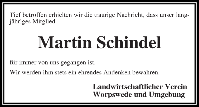 Traueranzeige von Martin Schindel von Wuemme Zeitung