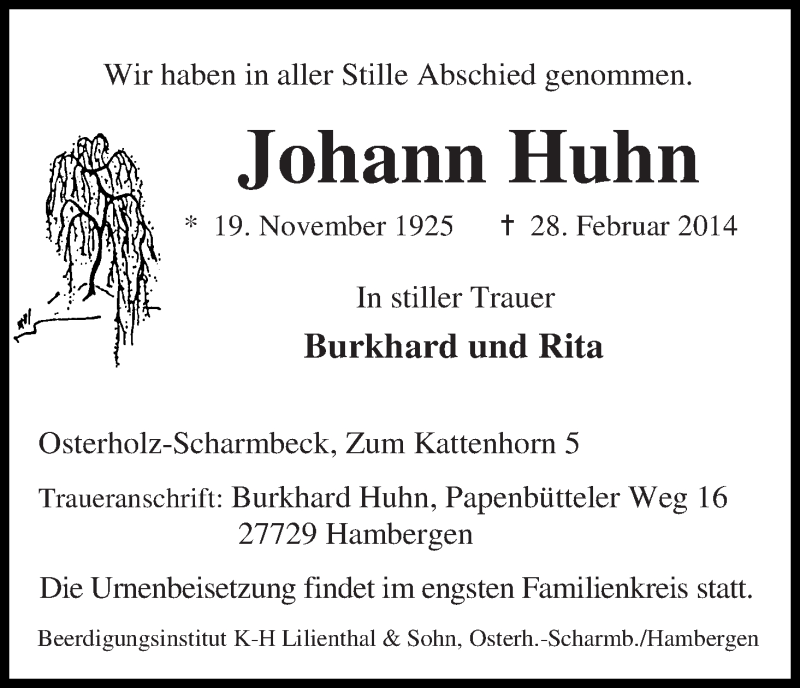 Traueranzeige von Johann Huhn von Osterholzer Kreisblatt