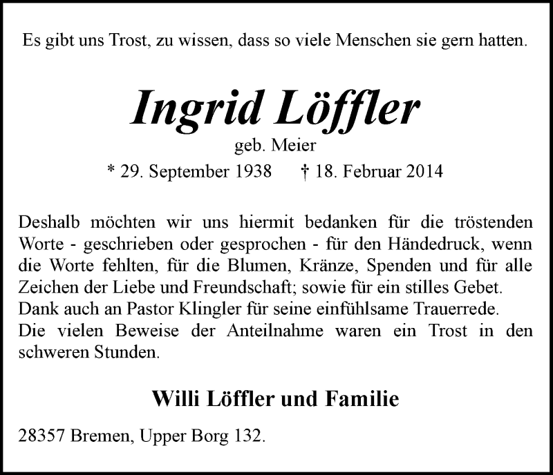 Traueranzeige von Ingrid Löffler von WESER-KURIER