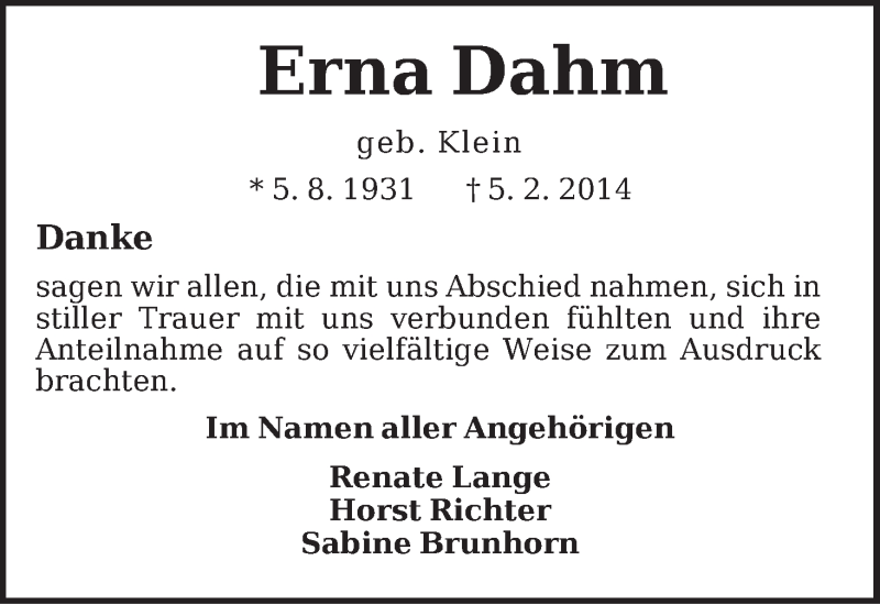  Traueranzeige für Erna Dahm vom 08.03.2014 aus WESER-KURIER