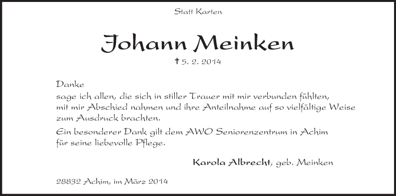Traueranzeige von Johann Meinken von Achimer Kurier/Verdener Nachrichten