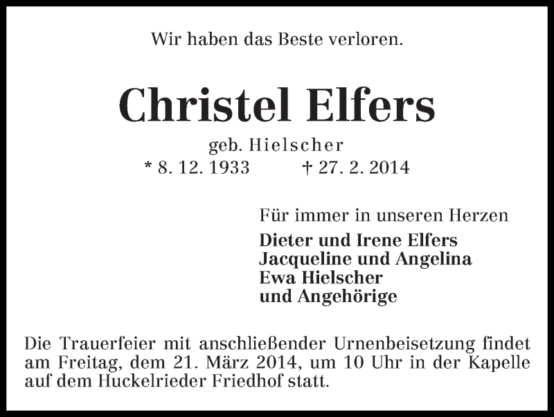 Traueranzeige von Christel Elfers von WESER-KURIER