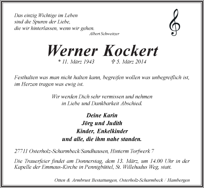Traueranzeige von Werner Kockert von Osterholzer Kreisblatt