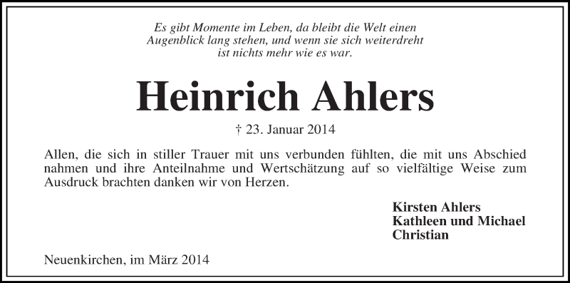 Traueranzeige von Heinrich Ahlers von Die Norddeutsche