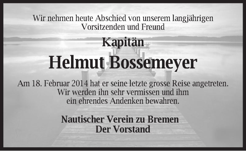 Traueranzeige von Helmut Bossemeyer von WESER-KURIER