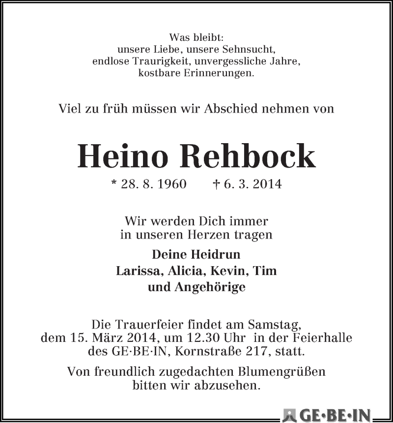 Traueranzeige von Heino Rehbock von WESER-KURIER