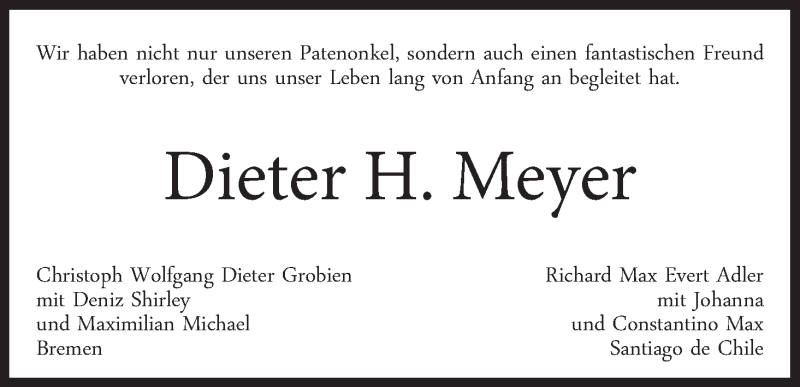 Traueranzeige von Dieter H. Meyer von WESER-KURIER