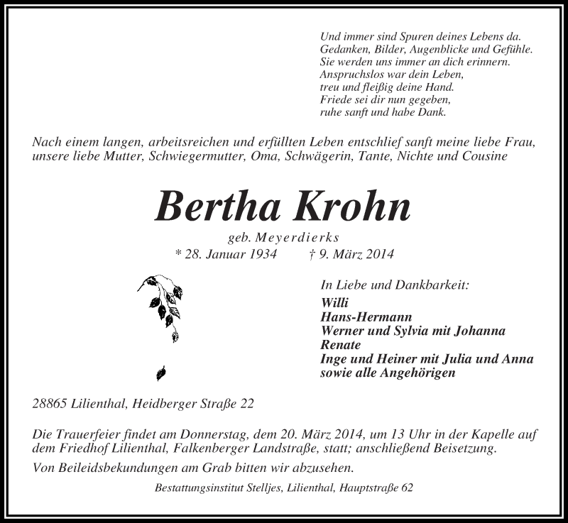 Traueranzeige von Bertha Krohn von Wuemme Zeitung