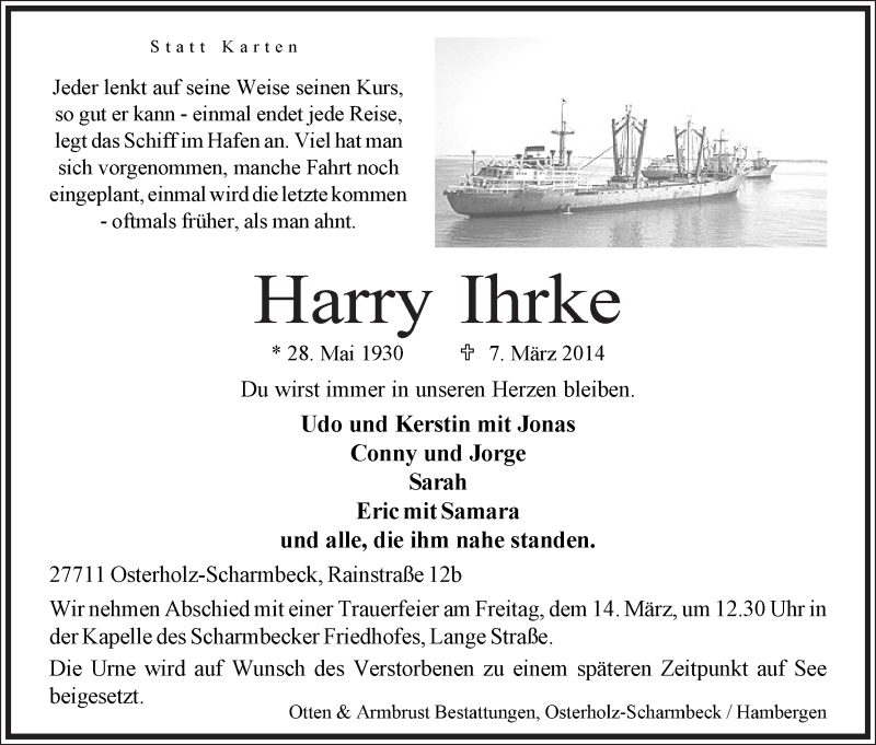 Traueranzeige von Harry Ihrke von Osterholzer Kreisblatt