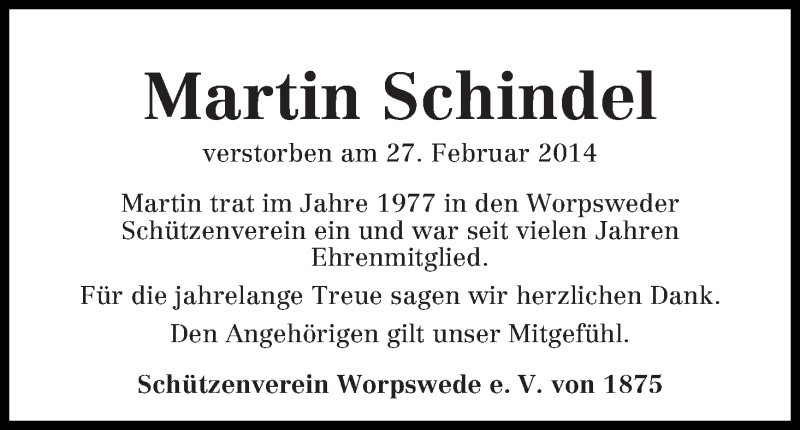 Traueranzeige von Martin Schindel von Wuemme Zeitung